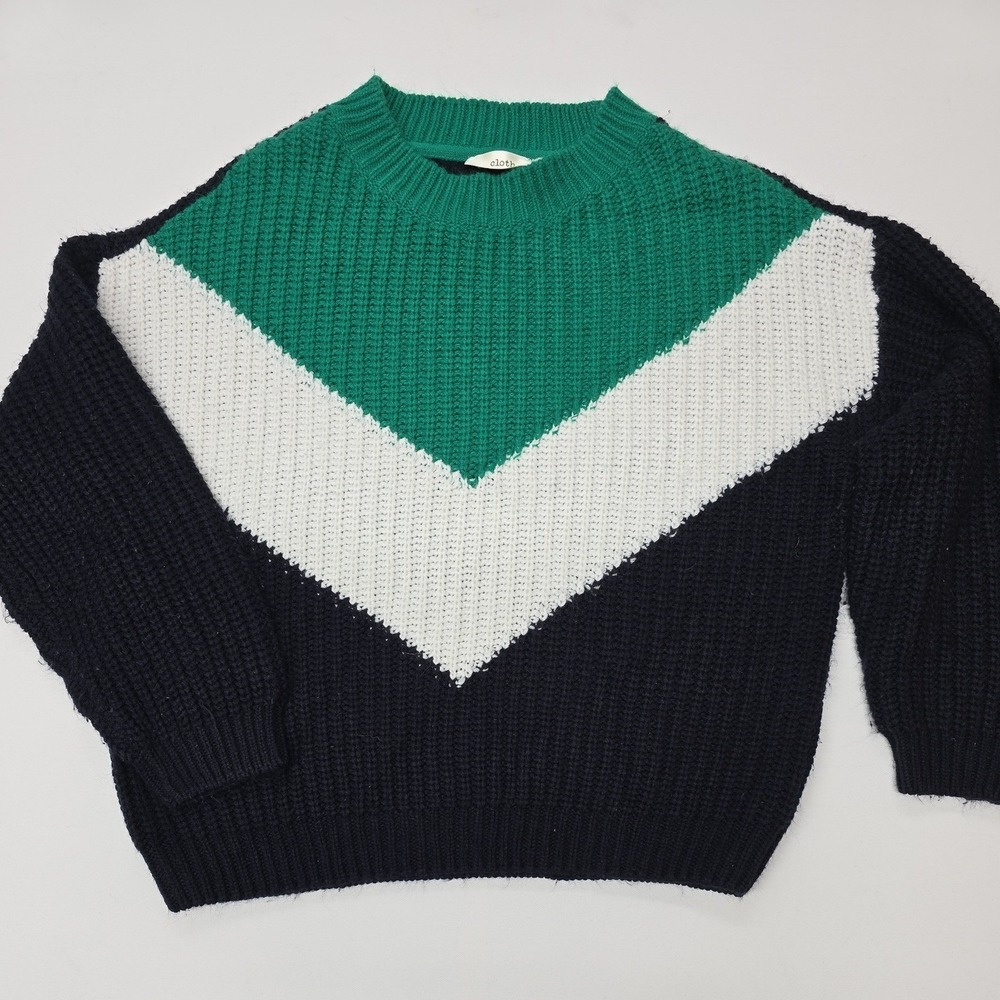 Cloth by RD Womens Small Colorblock Chevron Knit Sweater Green White Navy Blue